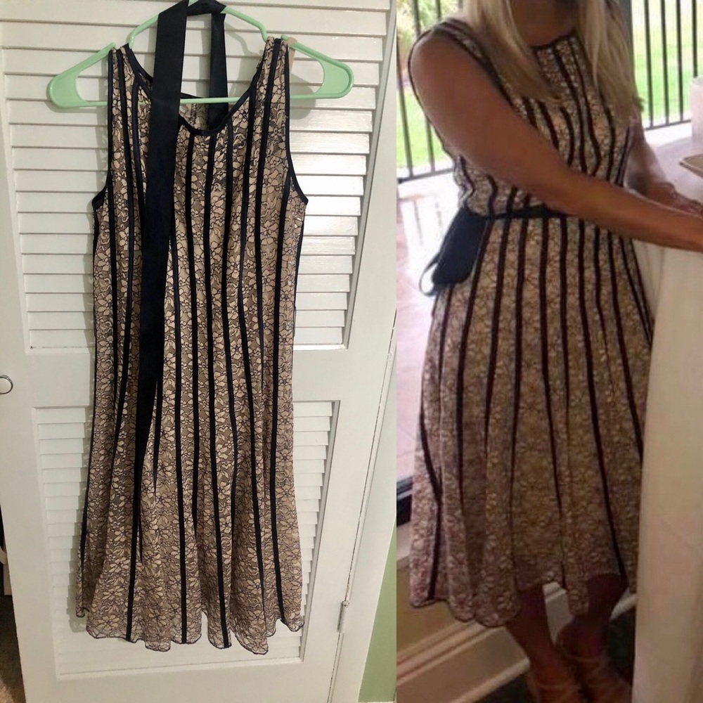 Cream Lace with Satin Navy Blue Stripes Dress